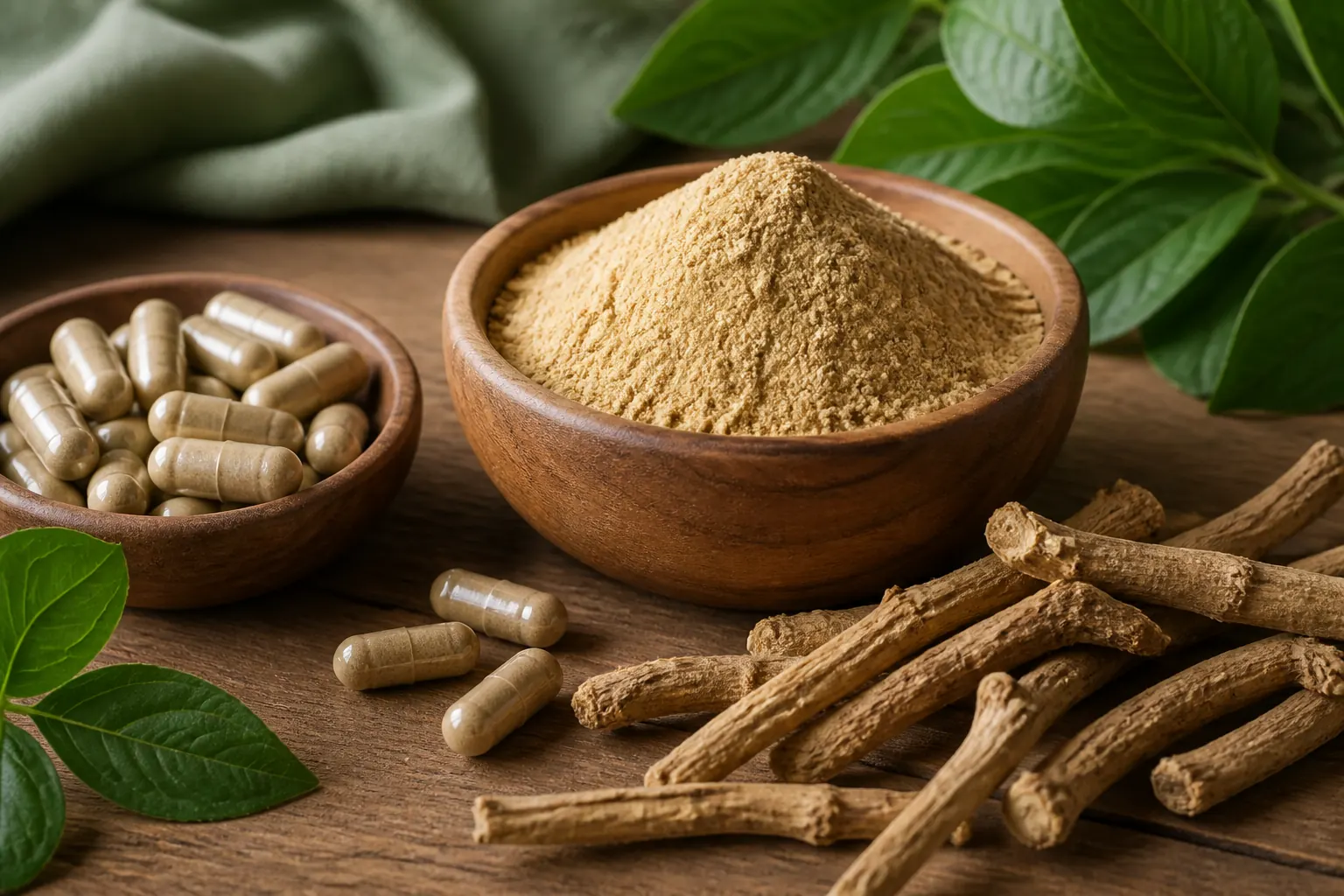 Ashwagandha powder and capsules for herbal wellness