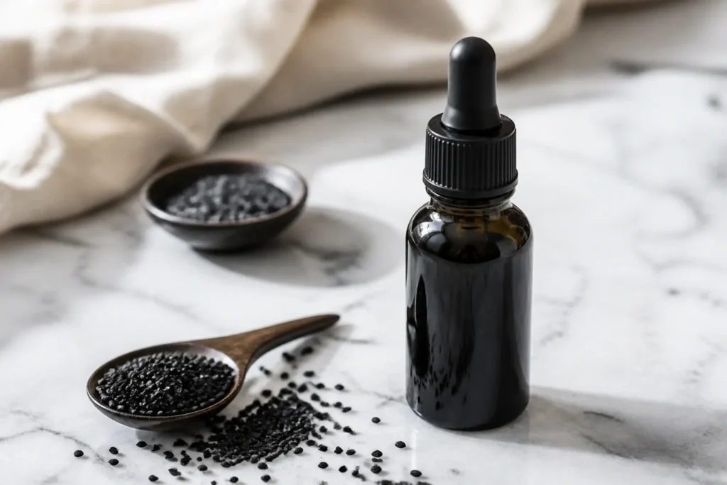 Black seed oil bottle with nigella seeds