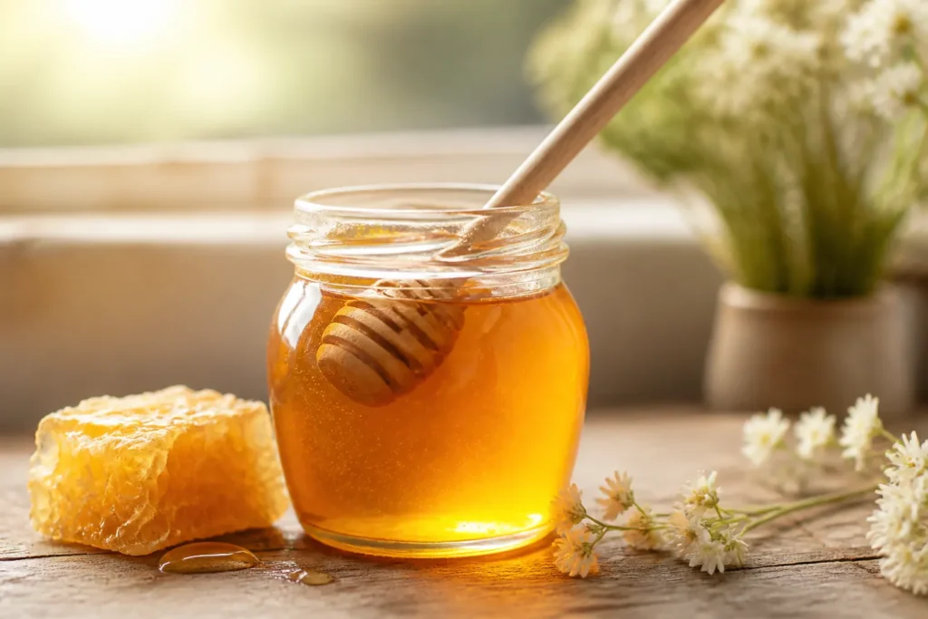 Raw honey jar with wooden dipper