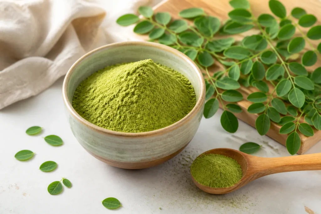 Moringa powder bowl with fresh leaves