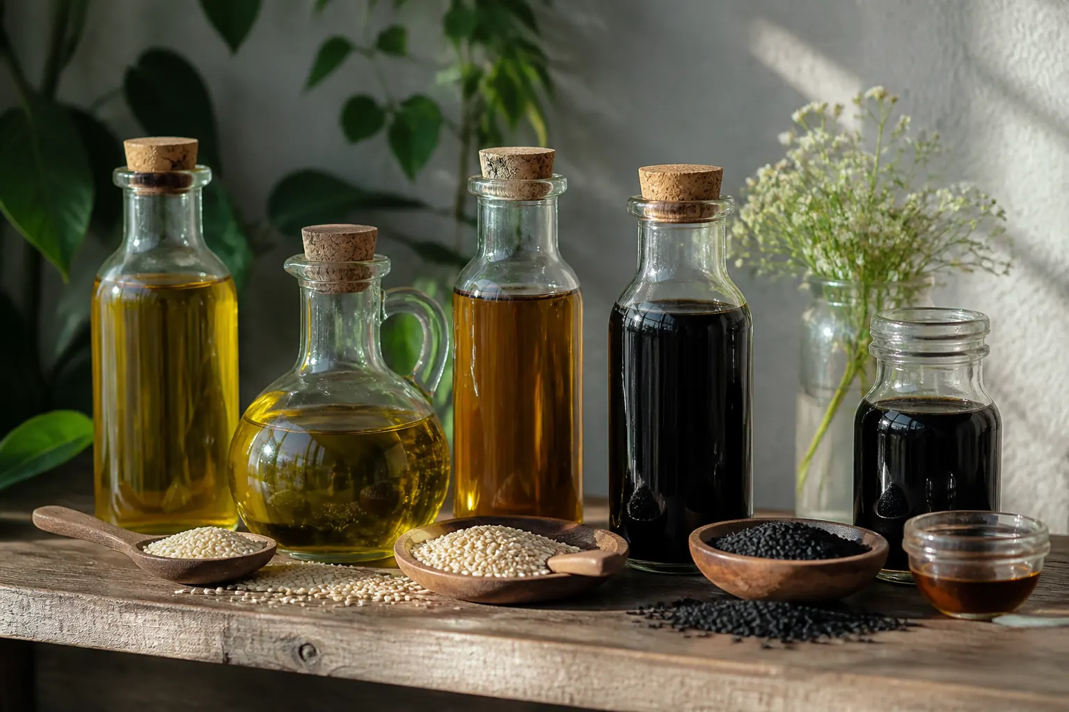 Assorted cold-pressed oil bottles on a wooden shelf