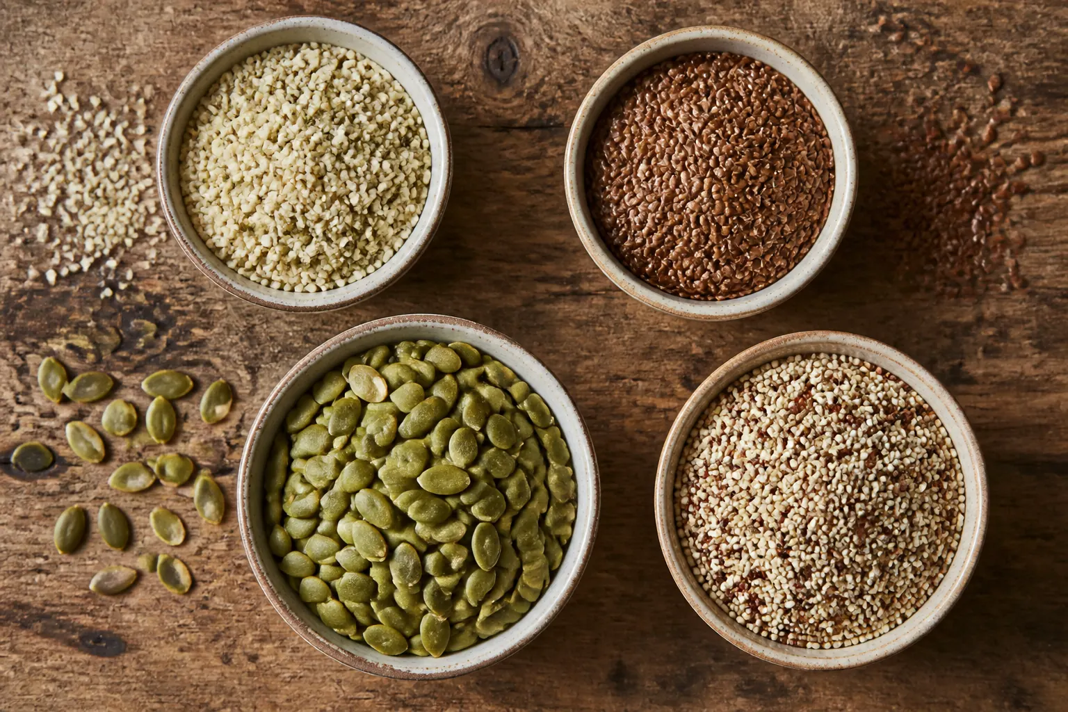 Bowls of hemp flax pumpkin seeds and quinoa