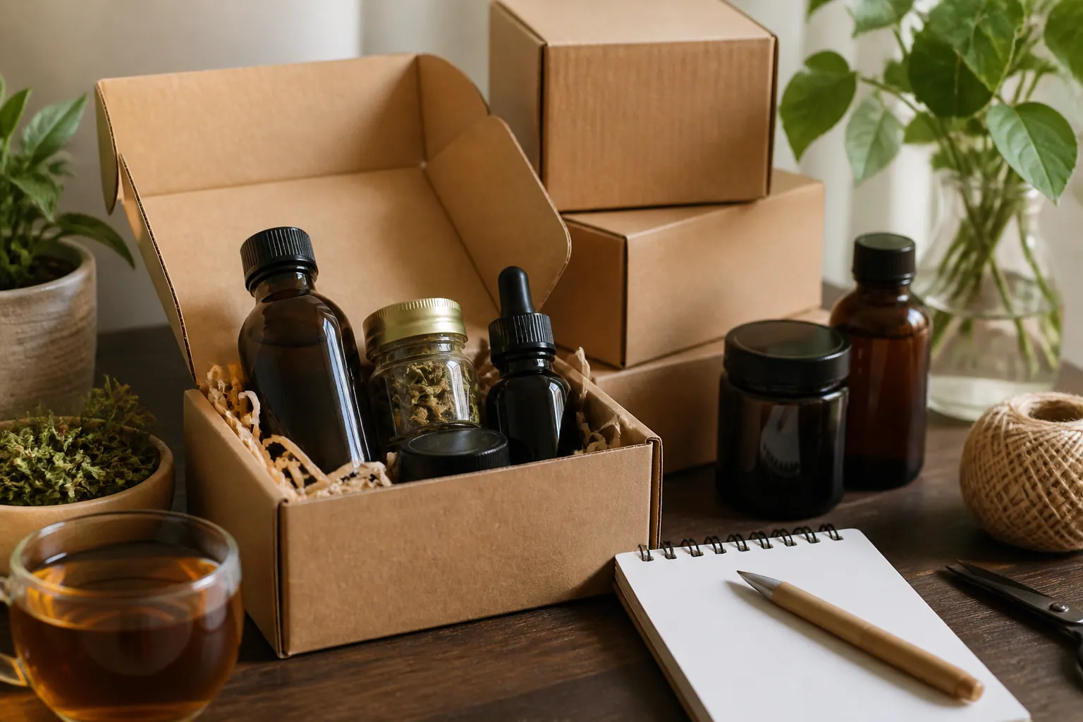 Herbal products packed for shipping with notepad