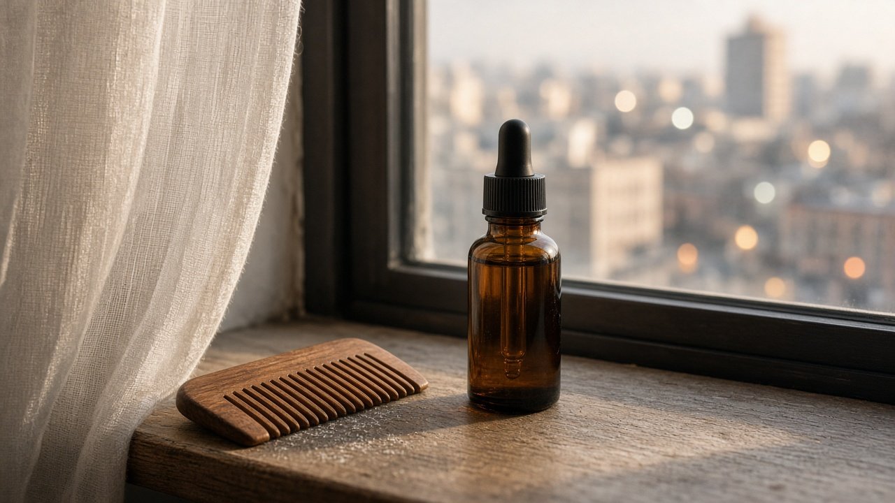 Al Sheikh hair oil bottle by a window after a dusty commute