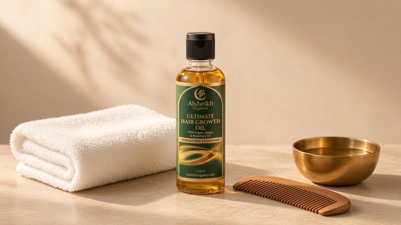 Al Sheikh hair oil bottle on a bathroom shelf in humid weather