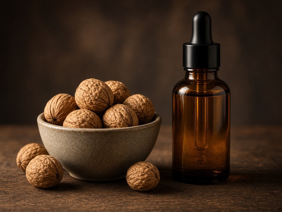 Walnuts beside the Al Sheikh Ultimate Hair Growth Oil bottle