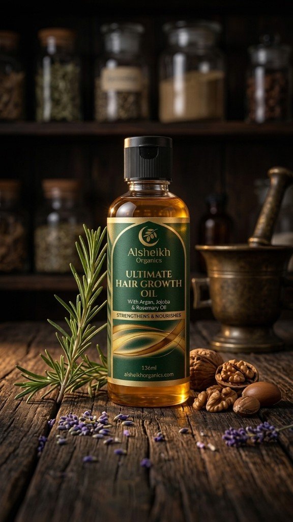 Al Sheikh hair oil bottle on dark wood with rosemary