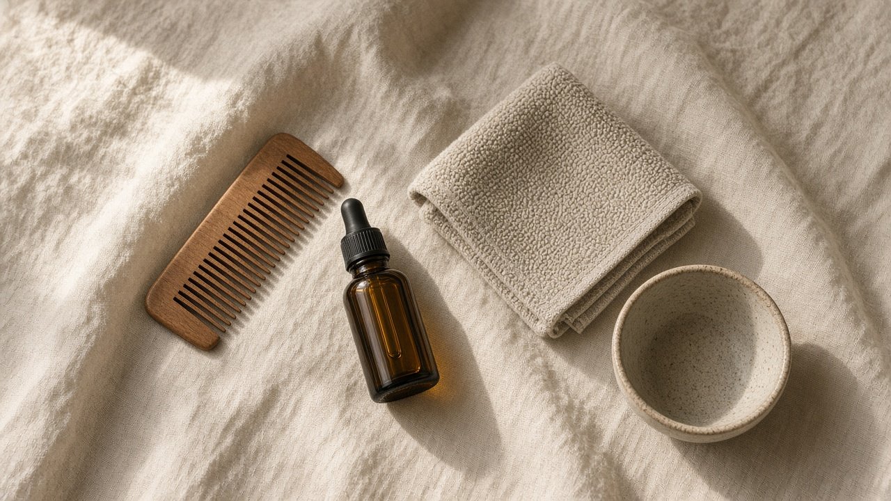 Al Sheikh hair oil bottle on a Sunday wash-day tray with shampoo and clips